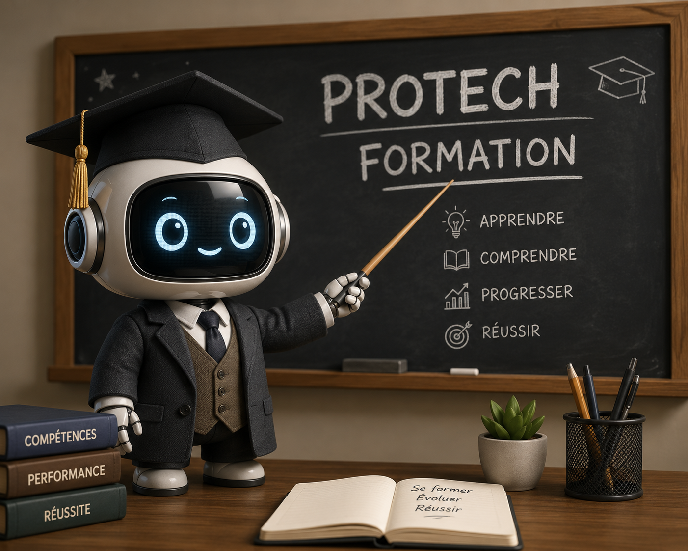 Mascotte Protech Formation au tableau : apprendre, comprendre, progresser, réussir